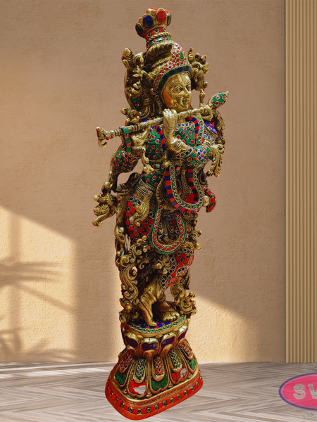 Brass Antique Stone Work Krishna On Lotus