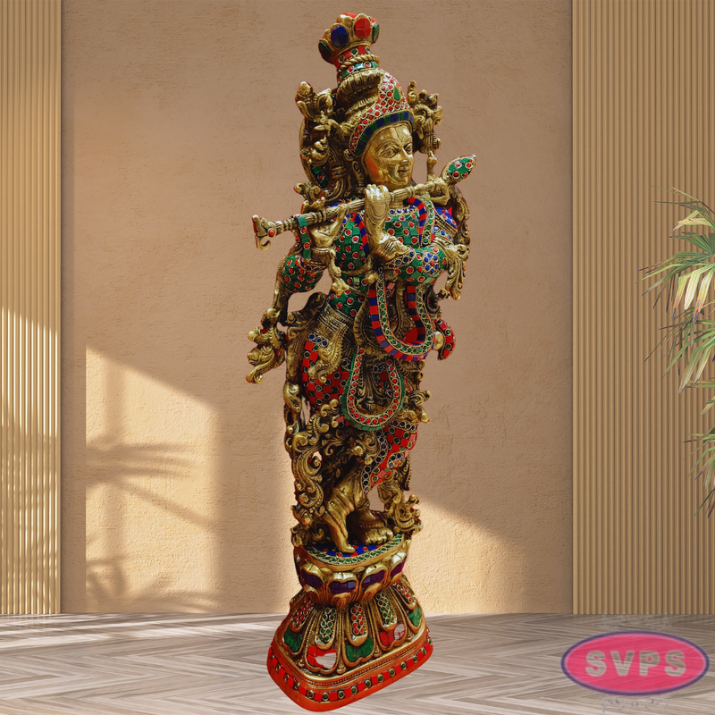 Brass Antique Stone Work Krishna On Lotus