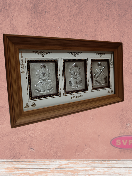999 Silver Lakshmi Ganesh Saraswathi Wooden Frame