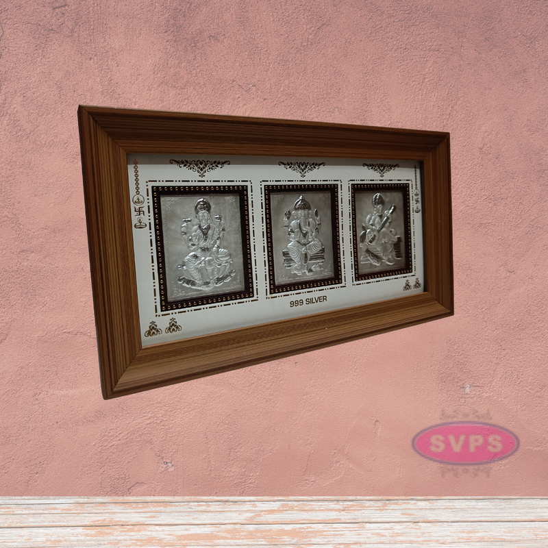 999 Silver Lakshmi Ganesh Saraswathi Wooden Frame