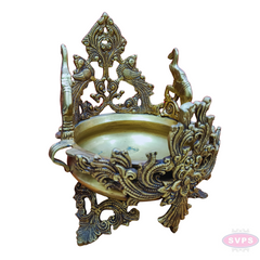 Antique Brass Peacock Design Urli Bowl – Ornate Floral Carving with Traditional Stand