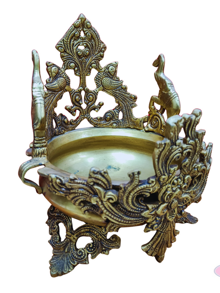 Antique Brass Peacock Design Urli Bowl – Ornate Floral Carving with Traditional Stand