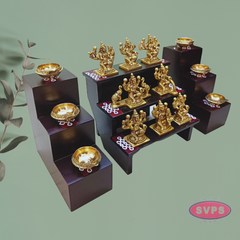 Wooden 3 Step With 3 Lamp Stand And Brass Ashtalakshmi Idol With Brass Lamp