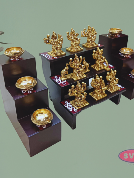 Wooden 3 Step With 3 Lamp Stand And Brass Ashtalakshmi Idol With Brass Lamp