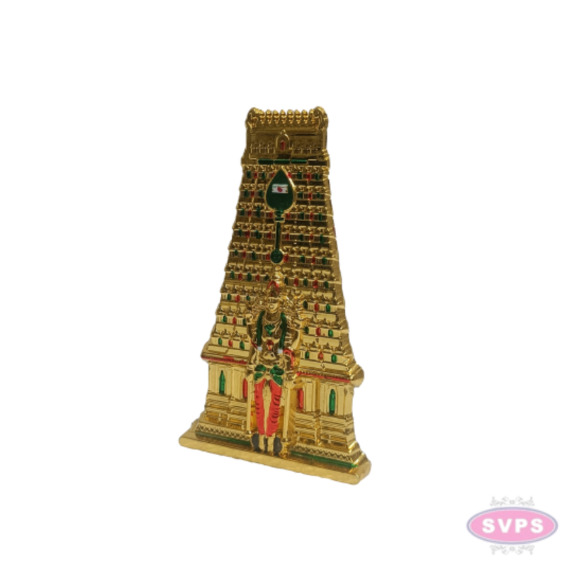 Golden Metal Thiruchendur Murugan with Gopuram Showpiece | Traditional Temple Design for Home, Pooja Room & Car Dashboard