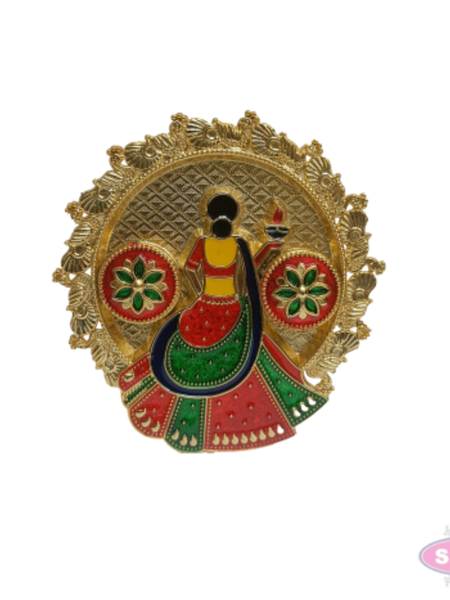 Decorative Meenakari Lady Kumkum Thali | Gold Finish Pooja Plate with Twin Kumkum Containers