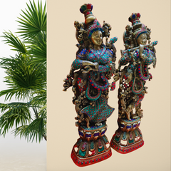 Brass Radha Krishna Set With Antique Stone Work