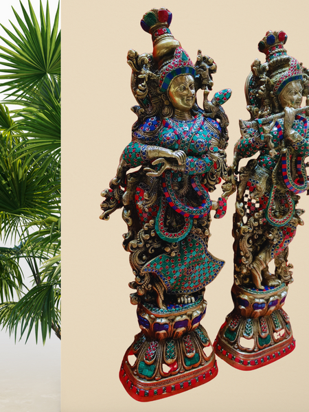 Brass Radha Krishna Set With Antique Stone Work