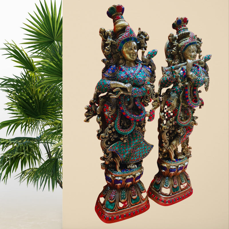 Brass Radha Krishna Set With Antique Stone Work