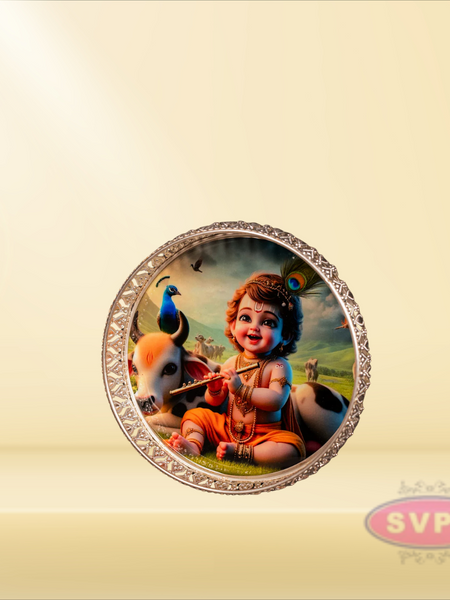 Round Shape German Silver Little Krishna With Cow Tray