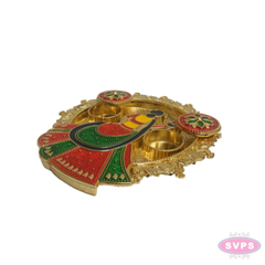 Decorative Meenakari Lady Kumkum Thali | Gold Finish Pooja Plate with Twin Kumkum Containers