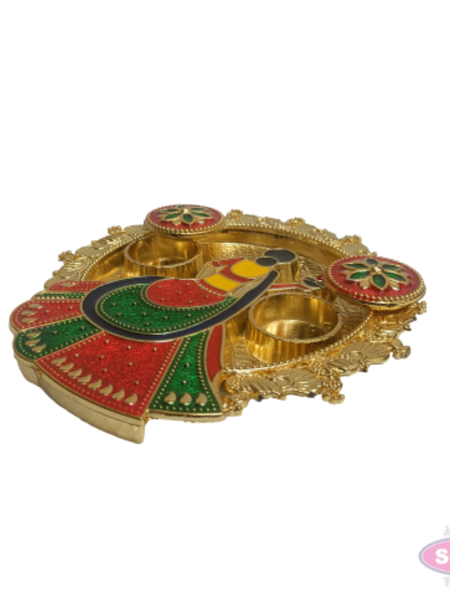 Decorative Meenakari Lady Kumkum Thali | Gold Finish Pooja Plate with Twin Kumkum Containers