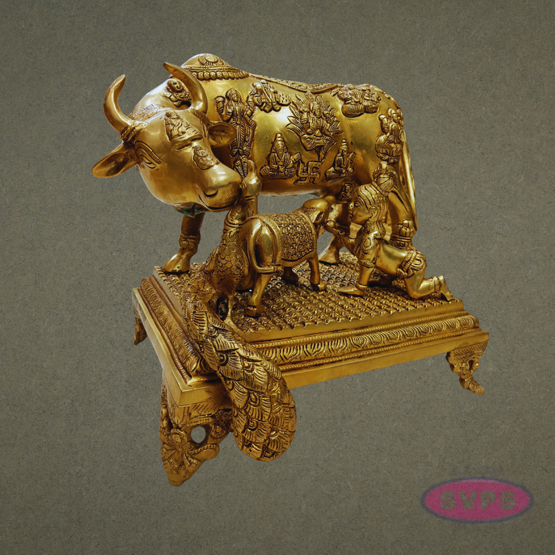 Handcrafted Brass Kamadhenu Cow with Calf – Ashta Lakshmi Carved Divine Idol