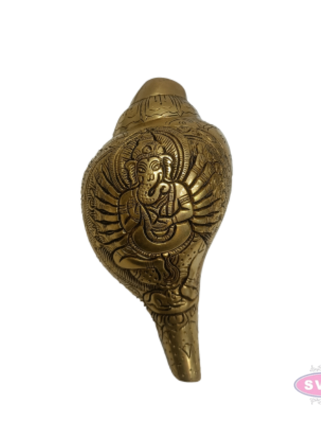 Brass Blowing Shankh with Lord Ganesha Carving | Traditional Conch with Ganesha Design | Handmade Brass Pooja & Spiritual Décor