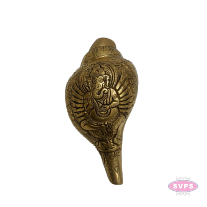 Brass Blowing Shankh with Lord Ganesha Carving | Traditional Conch with Ganesha Design | Handmade Brass Pooja & Spiritual Décor