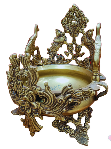 Antique Brass Peacock Design Urli Bowl – Ornate Floral Carving with Traditional Stand