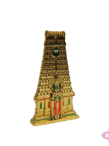Golden Metal Thiruchendur Murugan with Gopuram Showpiece | Traditional Temple Design for Home, Pooja Room & Car Dashboard