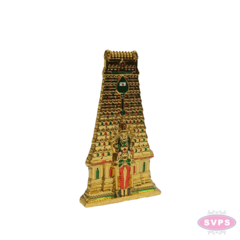 Golden Metal Thiruchendur Murugan with Gopuram Showpiece | Traditional Temple Design for Home, Pooja Room & Car Dashboard