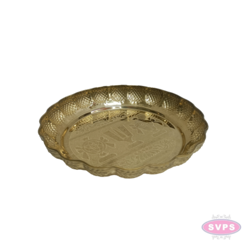 Brass Shanku Chakra Namam Puja Thali – 7 Inch Decorative Embossed Pooja Plate