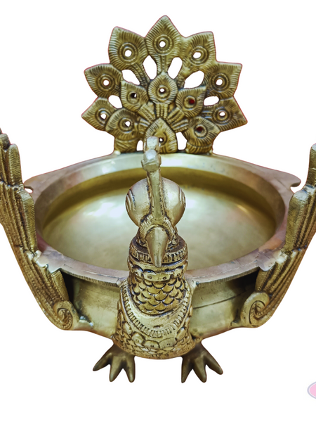 Antique Brass Peacock Urli Bowl – Majestic Bird Design with Feathered Tail Backrest