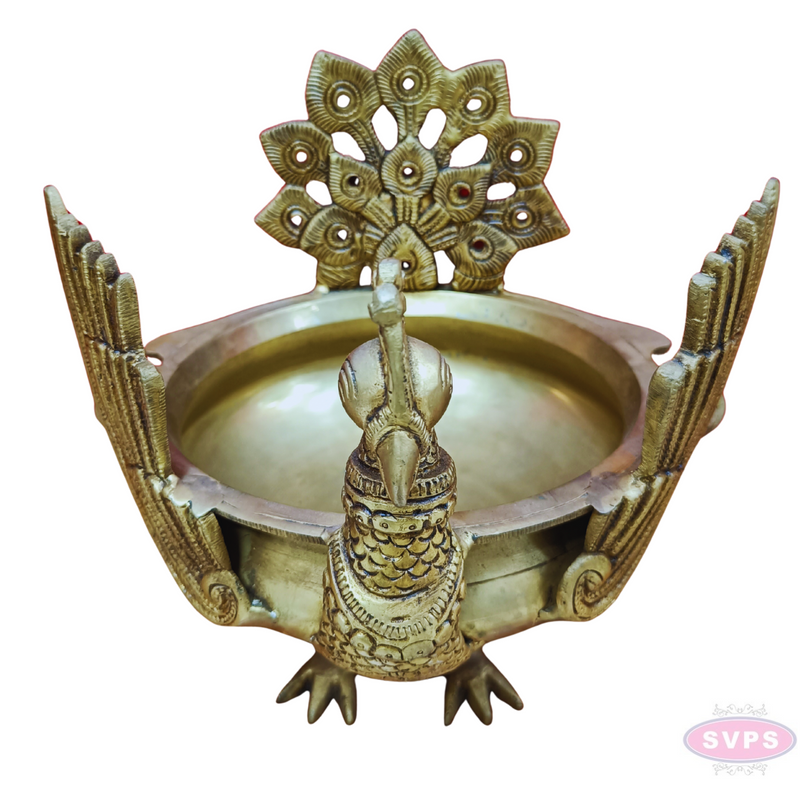 Antique Brass Peacock Urli Bowl – Majestic Bird Design with Feathered Tail Backrest