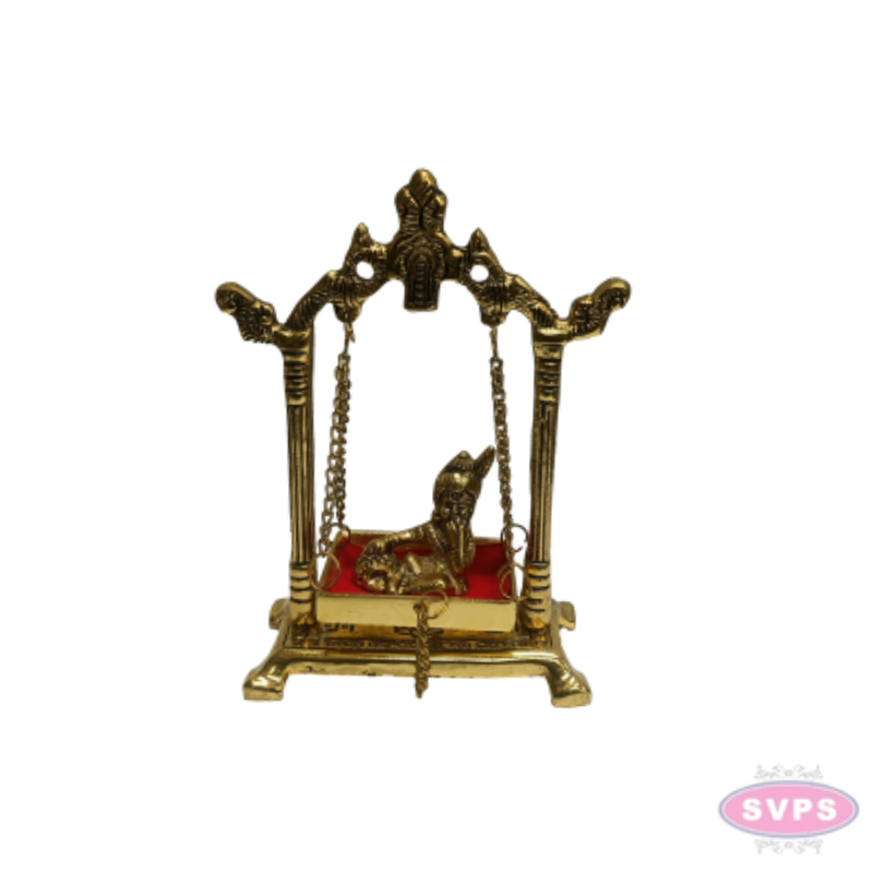 Gold Coated Metal Baby Krishna Jhula | Decorative Bal Gopal Swing for Home Temple