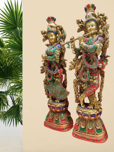 Brass Radha Krishna Set With Antique Stone Work
