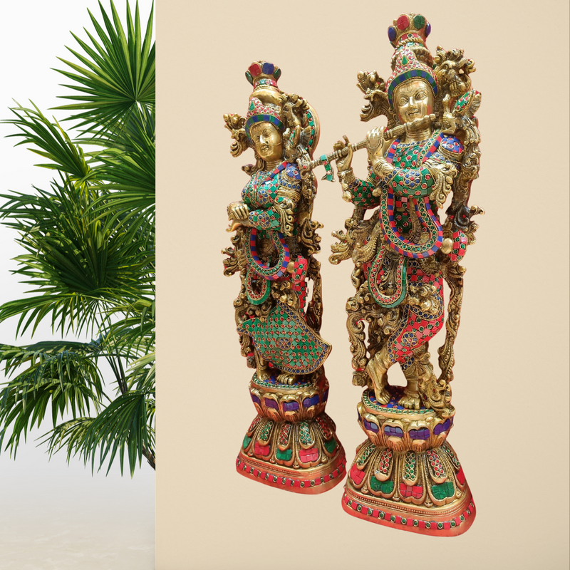 Brass Radha Krishna Set With Antique Stone Work