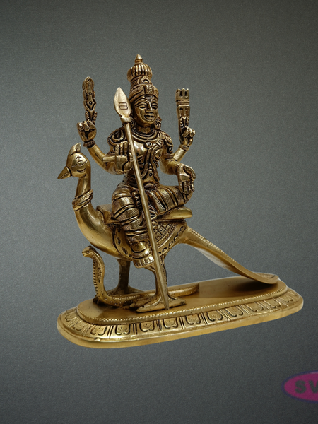 Brass Murugan Idol Sitting on Peacock – Skanda Swamy Statue for Spiritual Decor