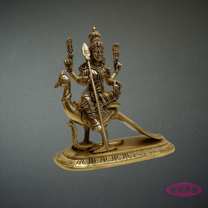 Brass Murugan Idol Sitting on Peacock – Skanda Swamy Statue for Spiritual Decor
