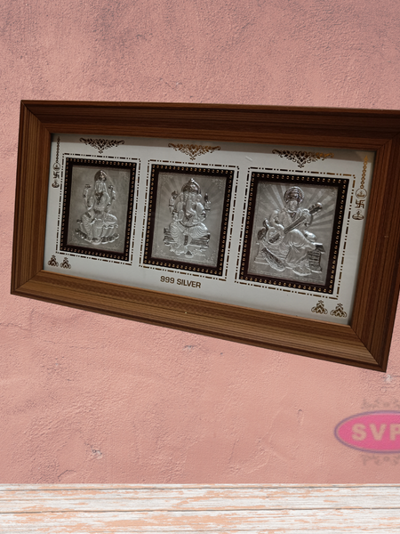999 Silver Lakshmi Ganesh Saraswathi Wooden Frame