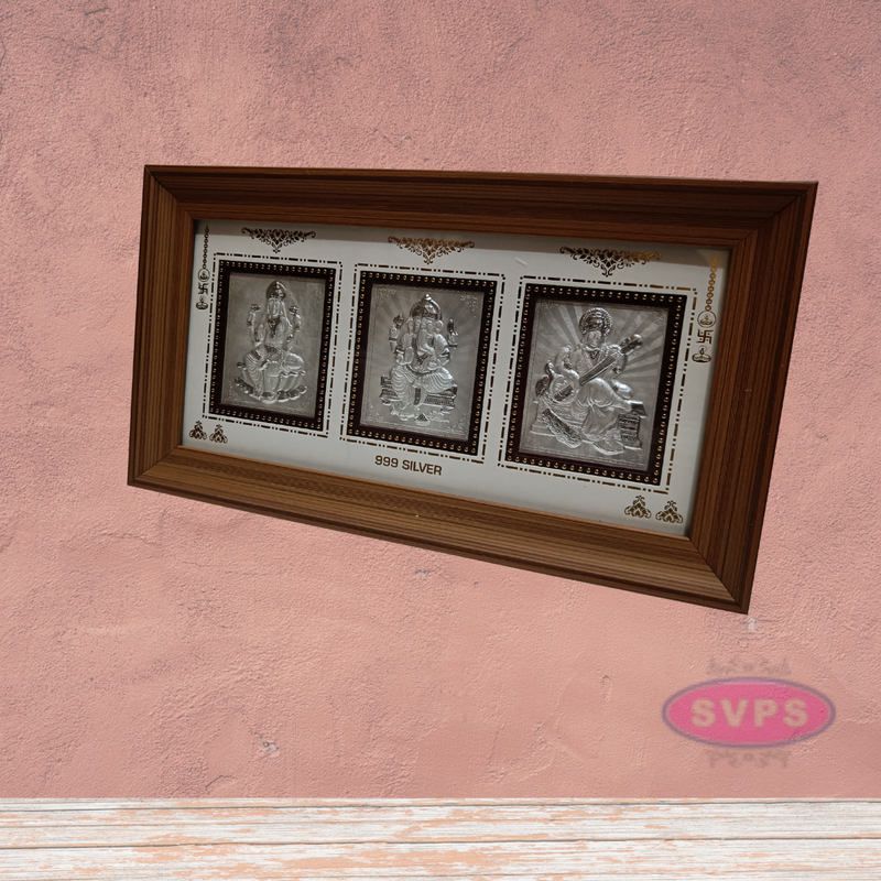 999 Silver Lakshmi Ganesh Saraswathi Wooden Frame