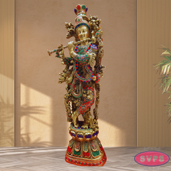 Brass Antique Stone Work Krishna On Lotus