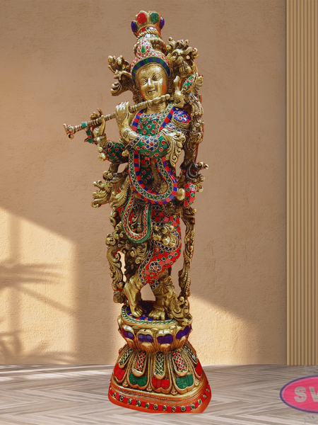 Brass Antique Stone Work Krishna On Lotus