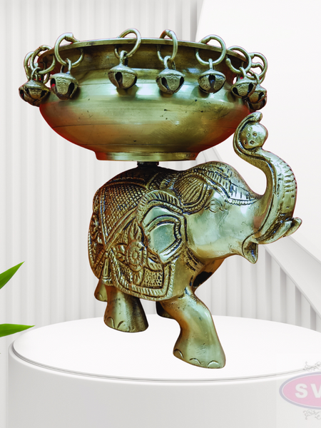 Antique Brass Elephant Urli Bowl with Hanging Bells – Traditional Decorative Centerpiece