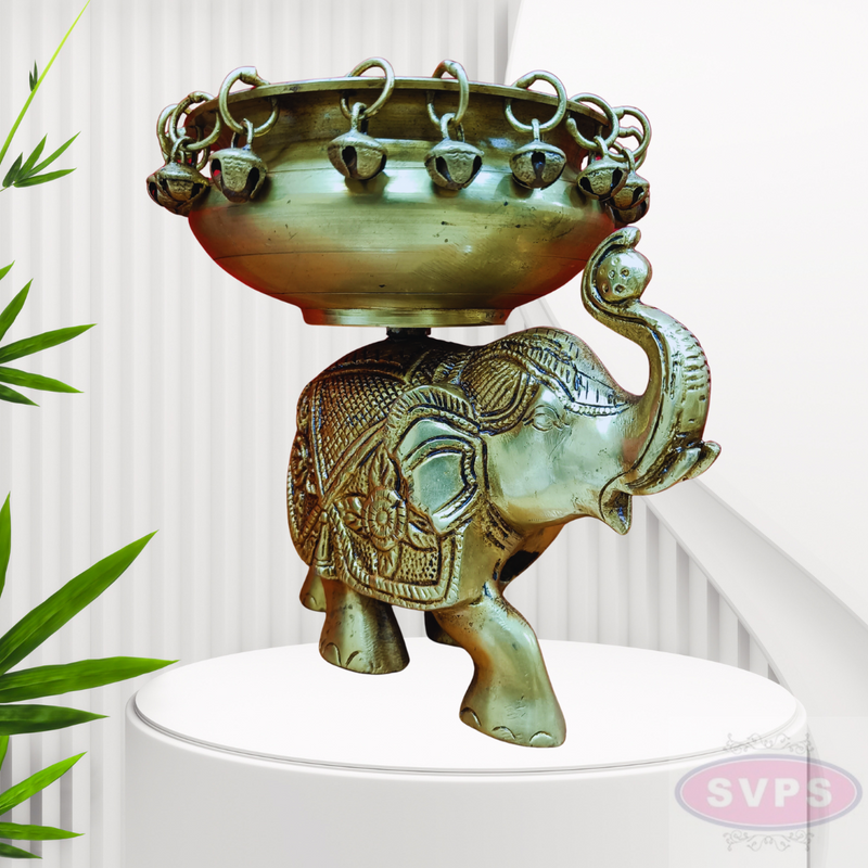 Antique Brass Elephant Urli Bowl with Hanging Bells – Traditional Decorative Centerpiece