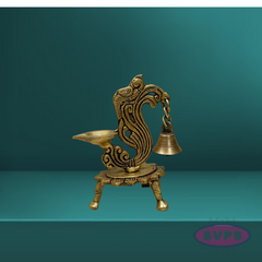 Brass Antique Peacock Diya With Bell For Puja And Decor