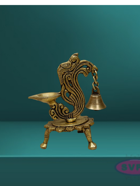 Brass Antique Peacock Diya With Bell For Puja And Decor