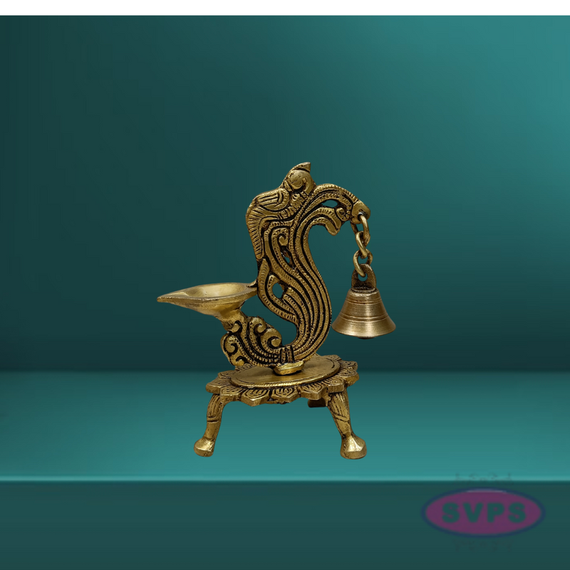 Brass Antique Peacock Diya With Bell For Puja And Decor