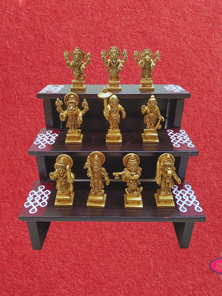 Wooden 3 Step With Brass Dasavatharam Idol Set