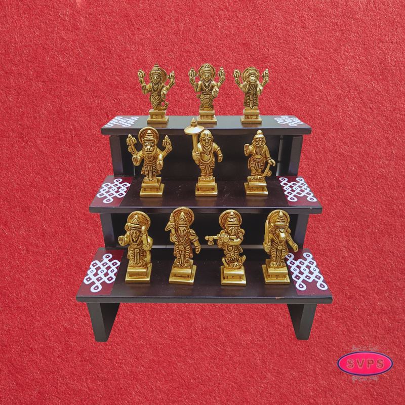 Wooden 3 Step With Brass Dasavatharam Idol Set