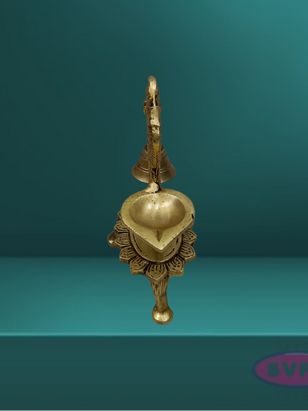Brass Antique Peacock Diya With Bell For Puja And Decor