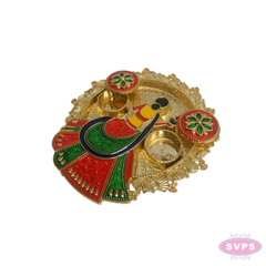 Decorative Meenakari Lady Kumkum Thali | Gold Finish Pooja Plate with Twin Kumkum Containers