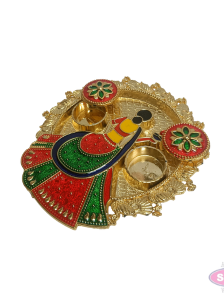 Decorative Meenakari Lady Kumkum Thali | Gold Finish Pooja Plate with Twin Kumkum Containers