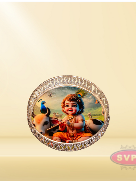 Round Shape German Silver Little Krishna With Cow Tray
