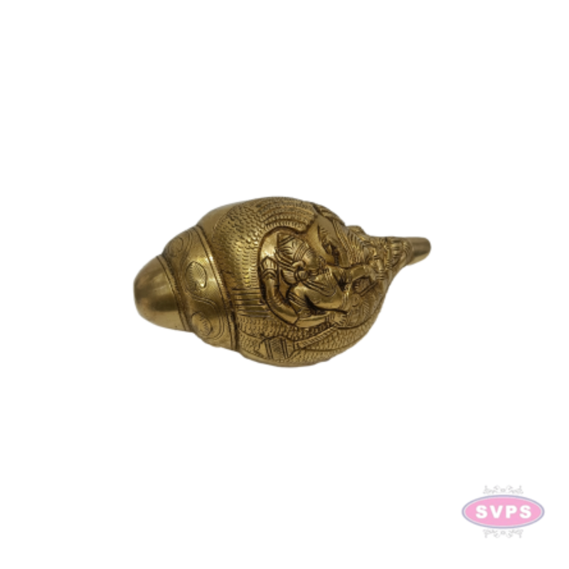 Brass Blowing Shankh Conch with Lord Vishnu Narayan | Traditional Brass Pooja Shankh | Handcrafted Religious & Spiritual Décor