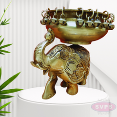 Antique Brass Elephant Urli Bowl with Hanging Bells – Traditional Decorative Centerpiece