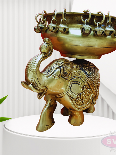 Antique Brass Elephant Urli Bowl with Hanging Bells – Traditional Decorative Centerpiece