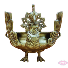 Antique Brass Peacock Urli Bowl – Majestic Bird Design with Feathered Tail Backrest