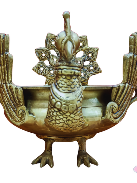 Antique Brass Peacock Urli Bowl – Majestic Bird Design with Feathered Tail Backrest